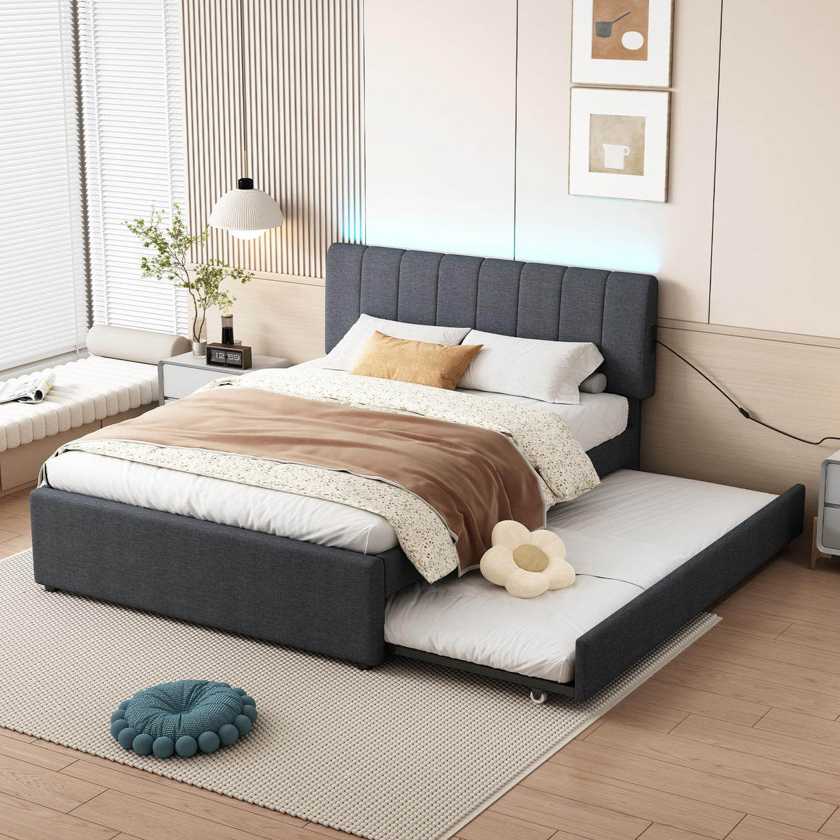 Ball & Cast Full Size Upholstered Platform Bed with Twin Size Trundle & USB Port,Linen Tufted Bed Frame W/Remote Control LED Light & Stripe Headboard,Wood Slats Support for Bedroom,Apartment,Dark Gray Ball & Cast