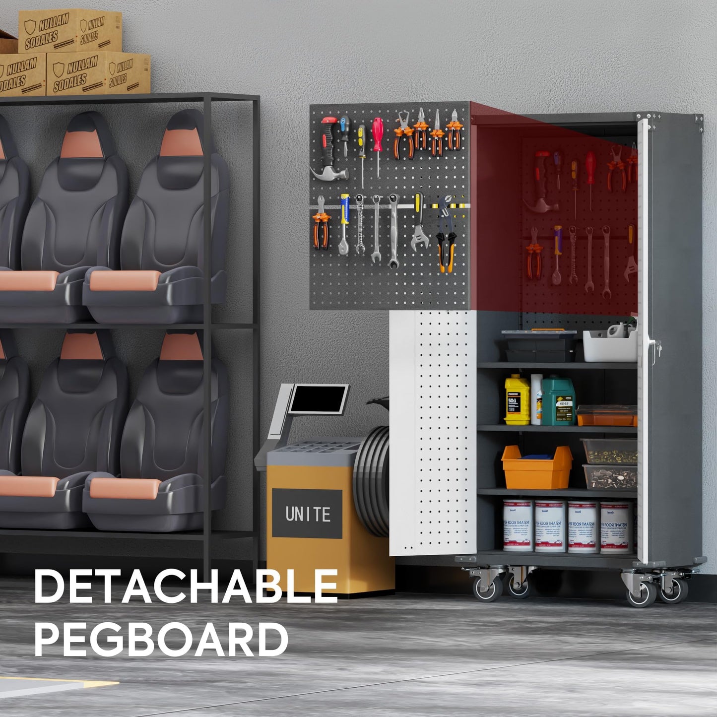 71" Pegboard Metal Garage Storage Cabinet with Wheels, Rolling Lockable Metal Tool Cabinet with Adjustable Shelves for Warehouse, Basement, Assembly Required