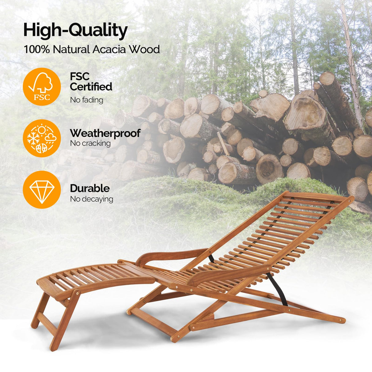 VINGLI FSC Acacia Wood Folding Outdoor Chairs Lounge Chair, Weather-Resistant Wooden Folding Chairs Patio Chair Furniture for Deck Fire Pit Porch Camping, Up to 350LBS VINGLI