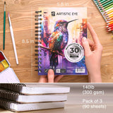 ARTISTIC EYE 5.5x8.5 Premium Watercolor Pads, Pack of 3 (90 Sheets), Spiral Bound, 140lb (300gsm), Acid-Free Paper, Perfect for Most Wet & Dry Media, Ideal for Beginners, Artists & Professionals ARTISTIC EYE