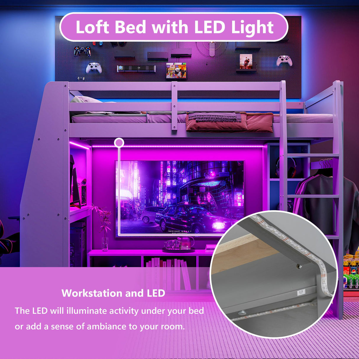 Polibi Wood Full Size Gaming Loft Bed with 55.9Lx12W inch Desk and Shelf,Bed Frame with LED,Hanging Clothes Rack and Storage Cabinet,Gray Polibi