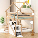 Merax Twin Over Twin Wooden Bunk Bed with Slide and Storage Staircase, House-Shaped Loft Bed Frame for Children's Room, Bedroom, No Box Spring Needed, Easy Assembly, Natural Merax