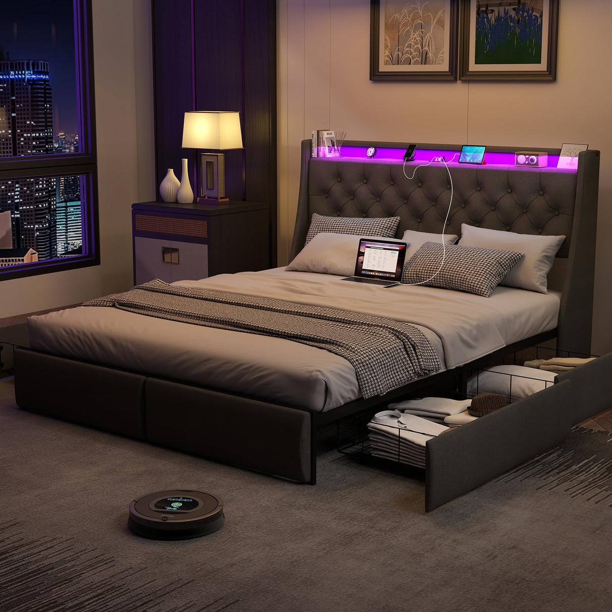 Doltoro Queen Size Bed Frame with 4 Storage Drawers, LED Lights, and Charging Station Doltoro