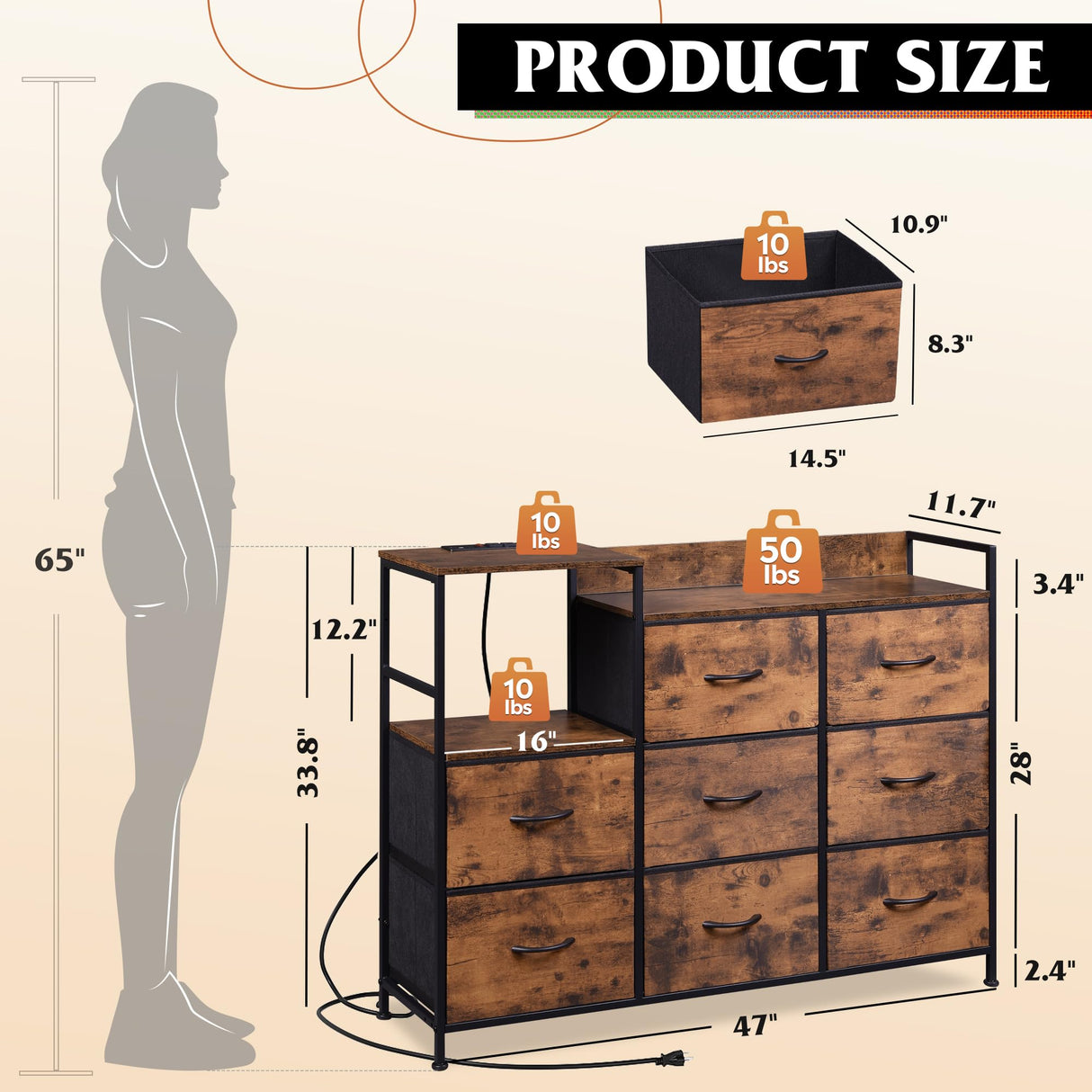 WLIVE Dresser TV Stand for Bedroom with Charging Station, Wide Storage Chest of Drawers with 8 Large Fabric Drawers and Open Shelves, Storage Organizer Unit for Closet, Living Room, Rustic Brown WLIVE