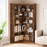 IDEALHOUSE Corner Bookshelf 72.8in Farmhouse Bookcase Large Bookshelf Wood Bookcase Tall 5 Tier Corner Shelf L Shaped Bookshelf Storage Display Rack Living Room Bedroom (Retro, Half Panel) IDEALHOUSE