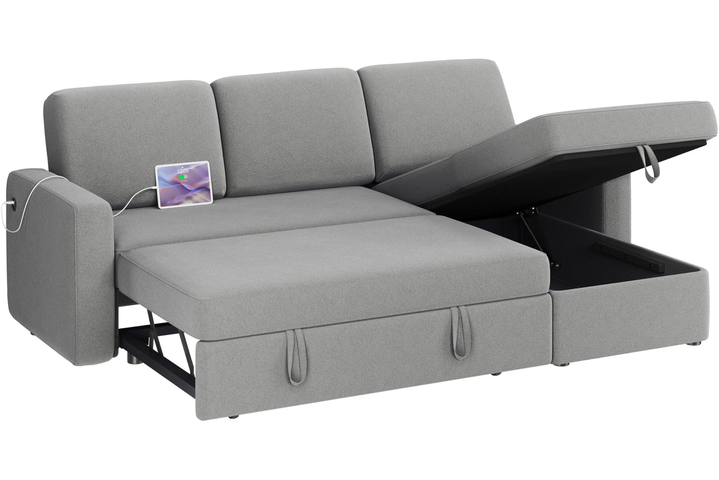 Yaheetech Sectional Sofa L-Shaped Sofa Couch Bed w/Chaise & USB, Reversible Couch Sleeper w/Pull Out Bed & Storage Space, 4-seat Fabric Convertible Sofa, Pull Out Couch Light Gray