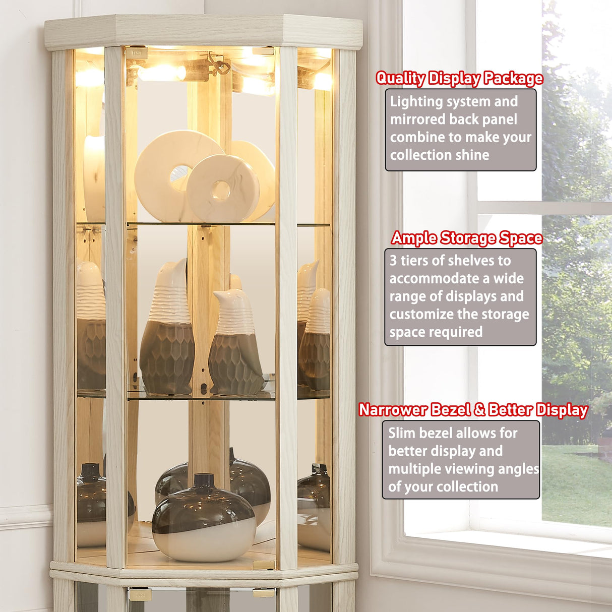 TRJQBCC 69" H Lighted Corner Display Cabinet, Curio Corner Glass Cabinet w/Adjustable Shelves & Glass Door, 5-Tier Wooden Storage Display Case w/Mirrored Back Pane for Living Room (Antique White) TRJQBCC