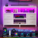 Rolanstar TV Stand with Power Outlets and LED Light, 4 Fabric Drawers Entertainment Center for 32/45/55/65 inch TVs, Media Console with Storage for Living Room or Bedroom, White Rolanstar