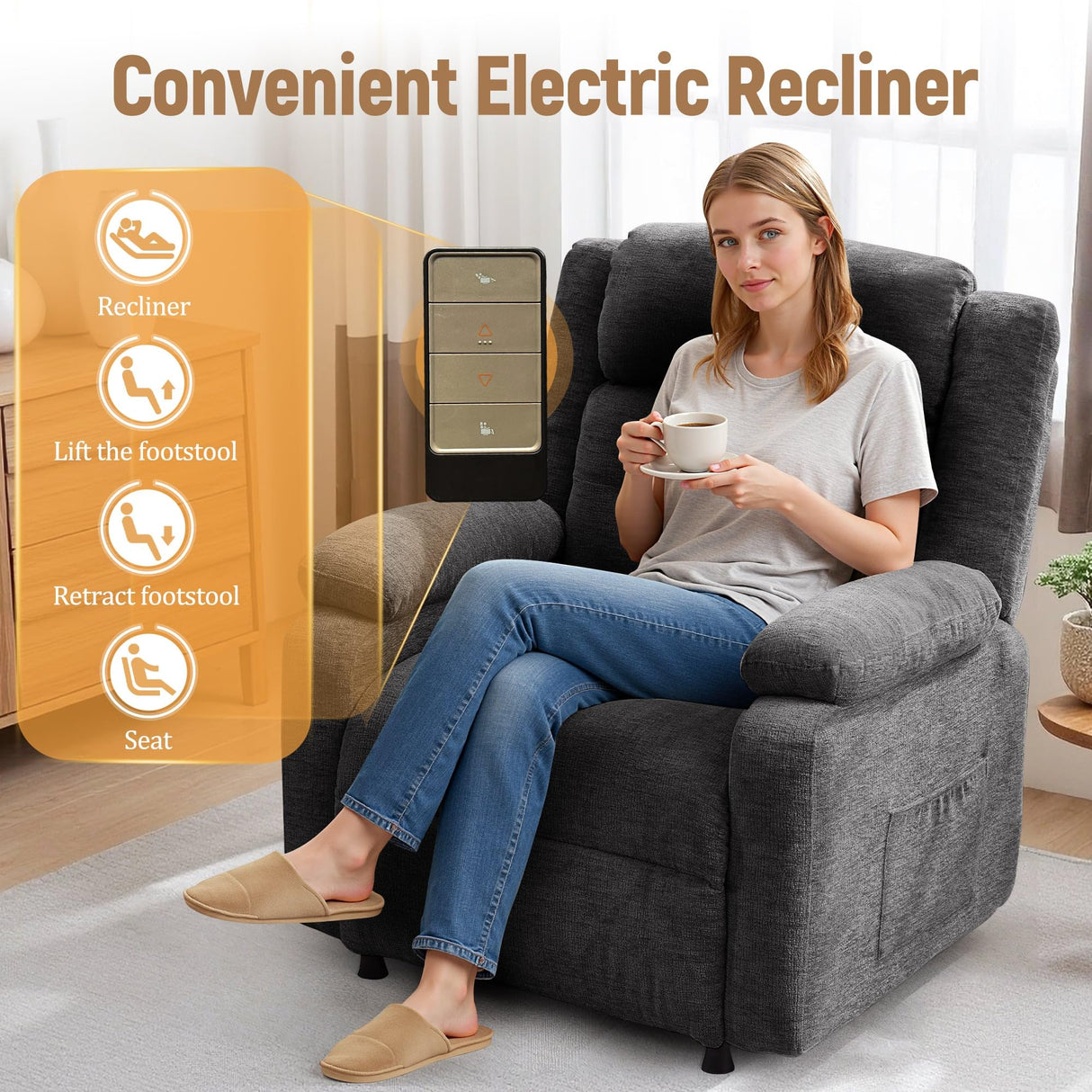 Korser Power Recliner Chair for Adults, Oversized Electric Recliner with Thickened Cushions, Chenille Fabric Reclining Chair for Living Room, Bedroom, Grey Korser