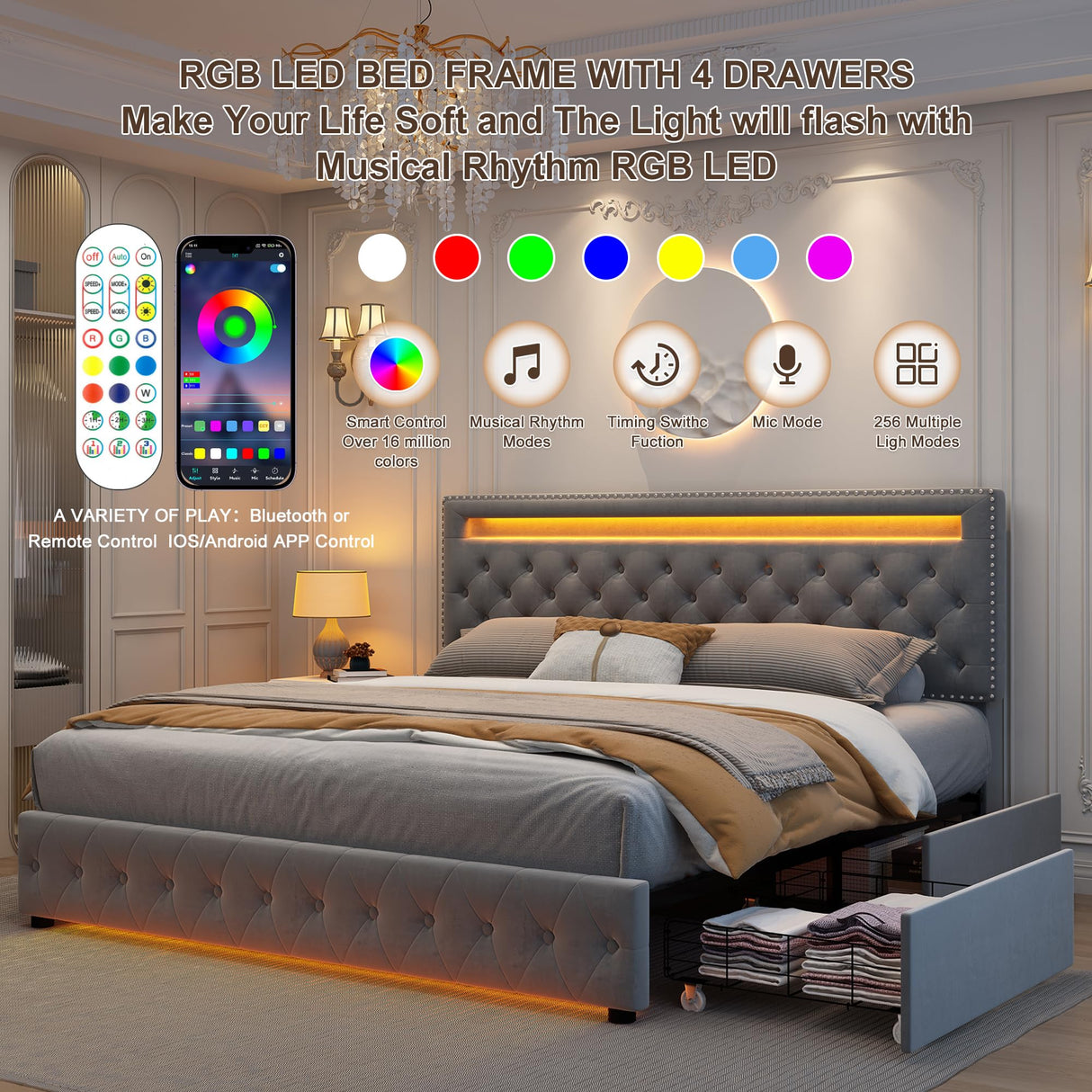 Queen Led Bed Frame with 4 Storage Drawers, with Smart Control RGBW LED Lights Headboard Footboard, Control DIY Color, Box Spring Optional, Velvet Grey WoodArtSupply