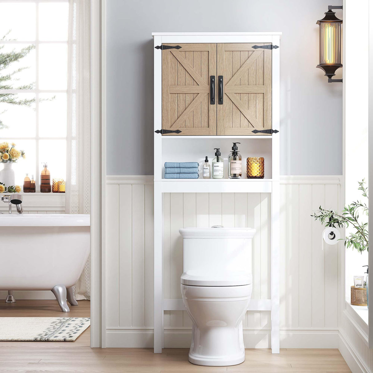 Spirich Over The Toilet Storage Cabinet, Farmhouse Over Toilet Bathroom Organizer with Wood Grain Barn Doors and Adjustable Shelves Spirich