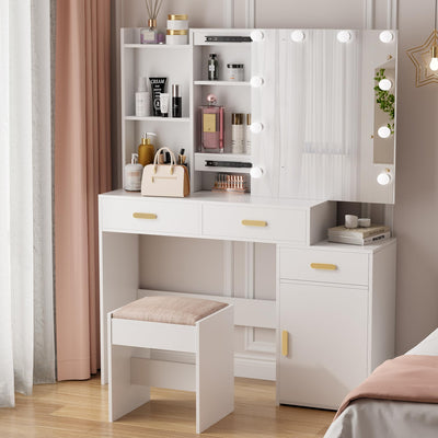 ANWBROAD Makeup Vanity Desk Vanity Set with 10 LED Bulb Lighted Sliding Mirror Makeup Vanity Table with Charging Station Nightstand 3 Colors Modes Dimming Cushioned Stool Dressing Table White UBDT54W