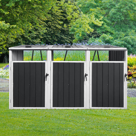 Metal Outdoor Garbage Bin Shed, Lockable Storage Shed for 3 Trash Cans, Galvanized Steel Waste Bin Storage Shelter for Garden, Yard, Patio, Grey Heliodeck