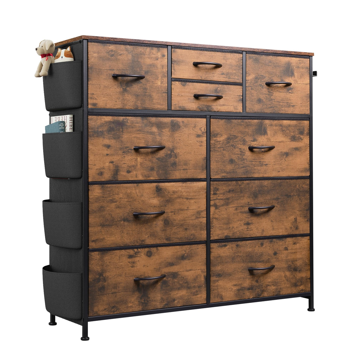 WLIVE Dresser for Bedroom with 10 Drawers, Fabric Dresser Chest of Drawers with Side Pockets and Hooks, Sturdy Metal Frame, Drawers Organizer Unit for Room, Hallway, Rustic Brown Wood Grain Print WLIVE