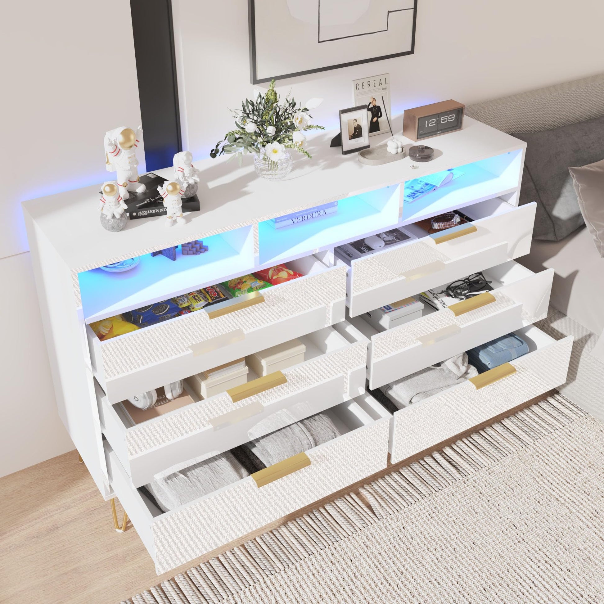 Hlivelood White Dresser for Bedroom with LED Lights, 6 Drawer Dresser with Gold Legs, High Gloss Modern Wide Dressers & Chests of Drawers, Living Room, Hallway, 55 Inch - WoodArtSupply