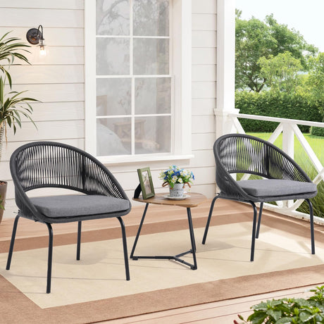 Yangming Patio Furniture Set, 3 Piece Outdoor Bistro Chair Conversation Sets Woven Rope with Wood Coffee Table for Yard Backyard Lawn Garden Porch Backyard Deck Poolside Balcony Yangming