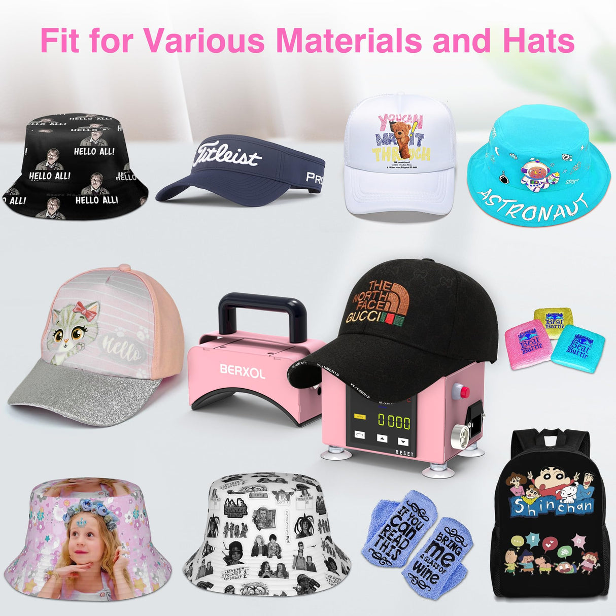 BERXOL Hat Press,Hat Press Heat Machine for Caps, Curved Heat Plate，Precise Temperature & Timer Control for Easy Operation, Mini Hat Heat Press for Hats, Bags and Socks (Coral Pink) BERXOL