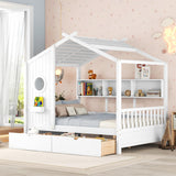 MERITLINE Montessori Full House Bed with Storage Drawers & Bookcase - Solid Wood Playhouse Bed for Kids, Teens, & Adults (White) MERITLINE