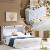 EDWINENE Murphy Bed with Mattress Included, Queen Murphy Bed Cabinet with Drawers and Charging Station for Small Apartments, Home Offices(Circular Pattern, White) EDWINENE