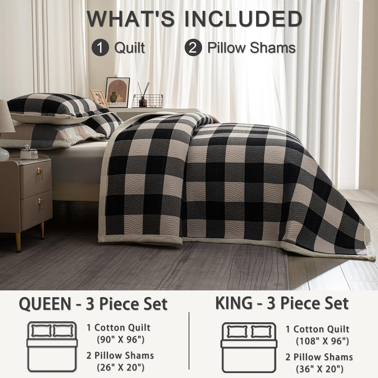 tohrisa Cotton Plaid Quilt Set, Ultra Soft 3 Pieces King Size Bedding with 2 Pillow Shams, Lightweight Reversible Coverlet Bedspread with Wave Quilting for Summer, 108"x96", Grid-Black White tohrisa