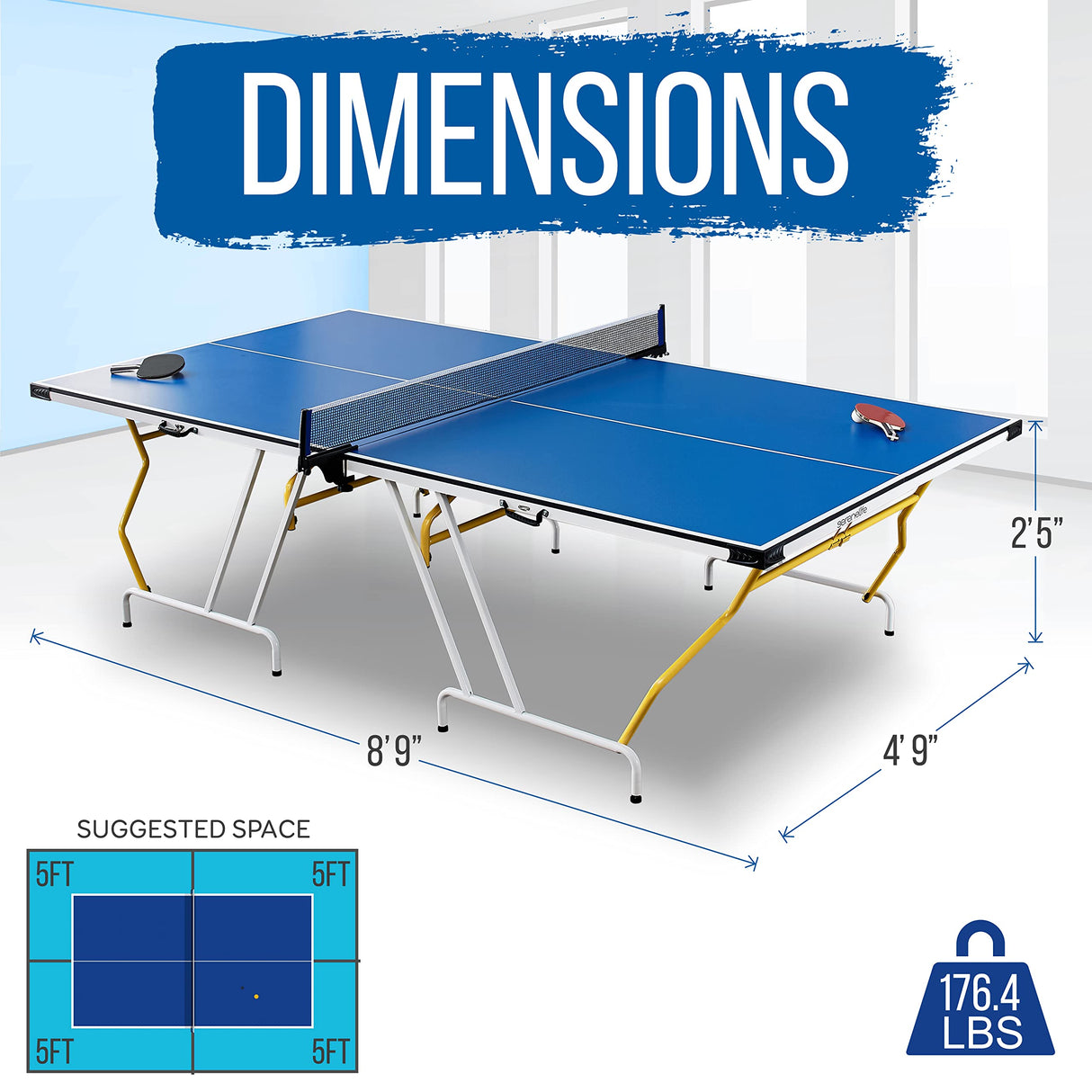 SereneLife Full Size Portable Ping Pong Table Set with Net, Clipper, Post - 9’ x 5’ Foldable Space-Saving Design, Blue SereneLife
