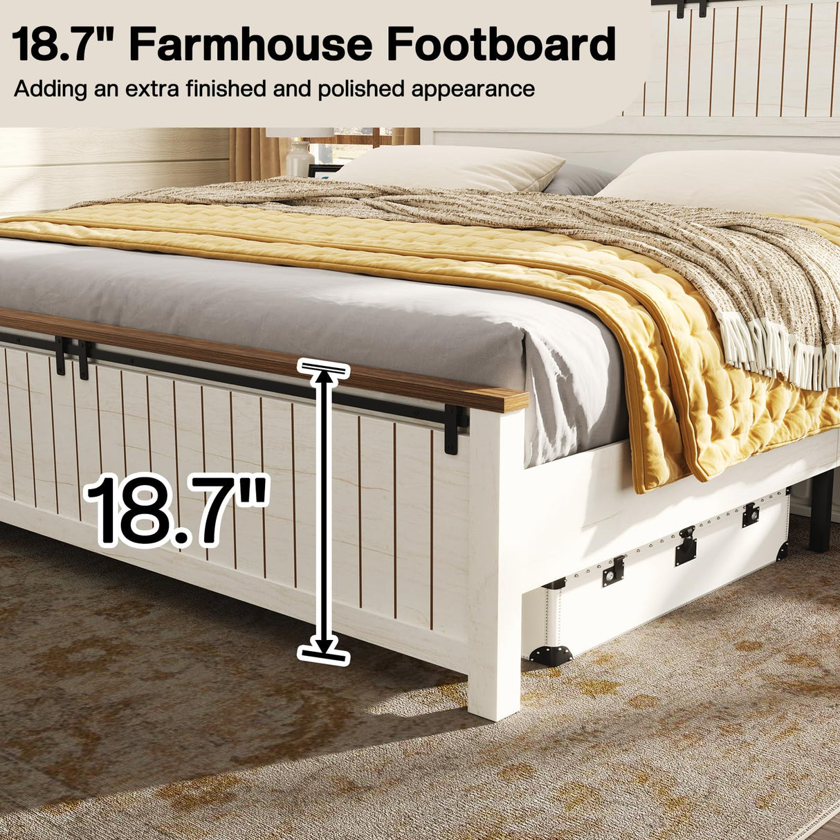 LUXOAK Farmhouse Full Size Bed Frame with 47" Tall Headboard, Wooden Bed Frame with Groove Sliding Barn Door Footboard, Platform Bed with Wood Slats Support, Noiseless No Box Spring Needed, White LUXOAK