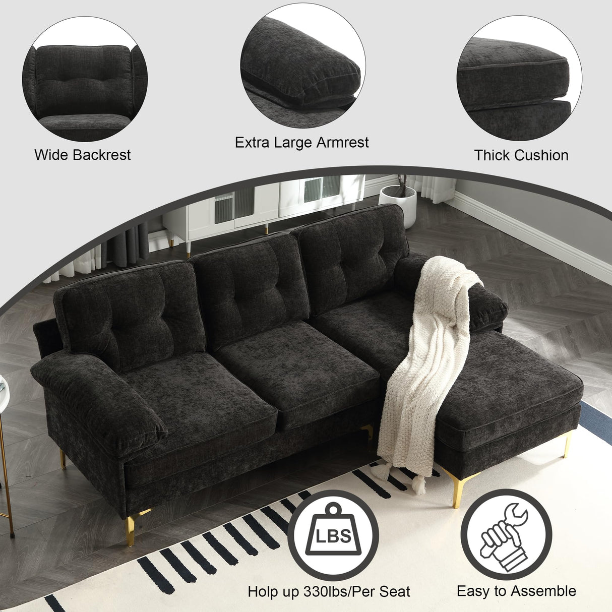 CALABASH 83" L Shaped Sectional Sofa, Chenille 3-Seater Sofa with Reversible Chaise, Modern Soft Cushion Fluffy Armrest Convertible Couch for Living Room Apartment Small Spaces (Black) CALABASH