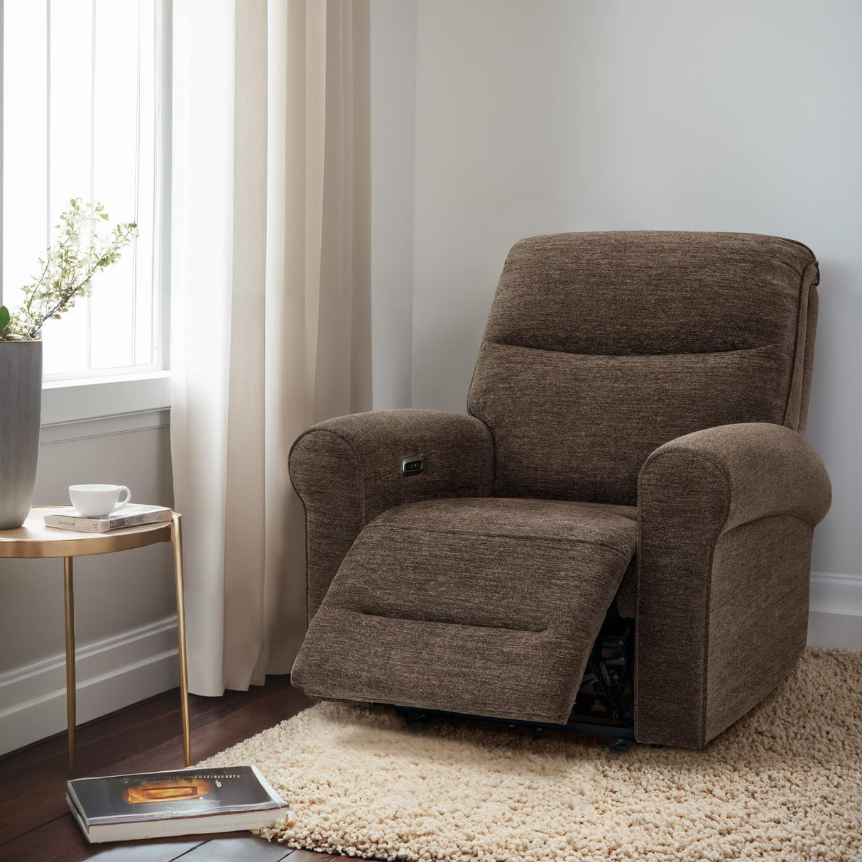 MCombo Power Wall Hugger Recliner Chair for Small Space RV Living Room, USB & USB-C Charging Ports, Modern Rolled Arm Recliner, Fabric PR630 (Dark Brown) MCombo