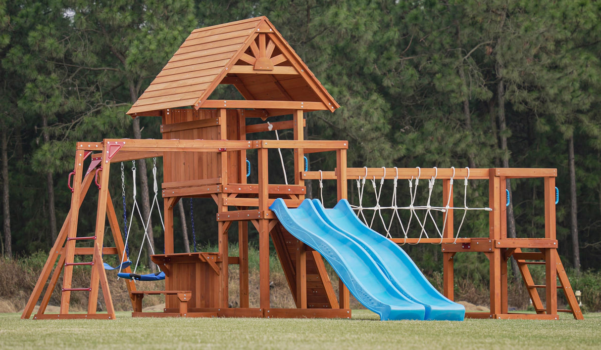 Dolphin Playground Wooden Swing Sets, Monkey bar, Plank Bridge with Rope Mesh, 2 Wave Slides, Large Climbing Wall, Outdoor Table, Saucer Swing, Playground Sets for Backyards, Outdoor Playset DOLPHIN PLAYGROUND T