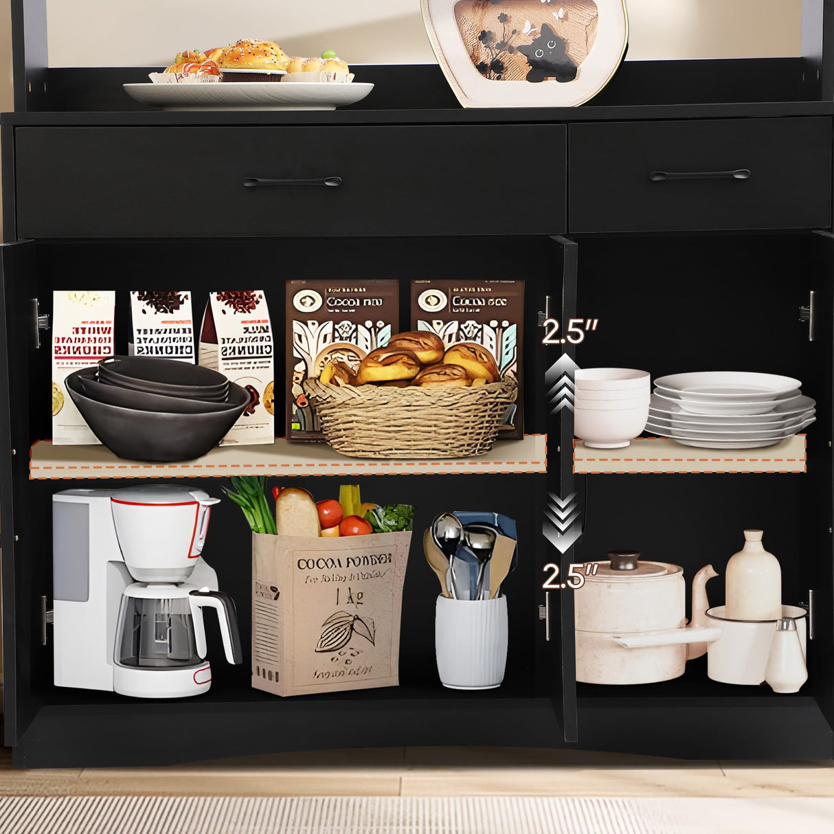 Grepatio 71" Kitchen Pantry Cabinet, Pantry Cabinet with Charging Station, Storage Cabinets with Door, Adjustable Shelves and Hooks, Farmhouse Kitchen Hutch for Dining Room, Living Room (Black) Grepatio