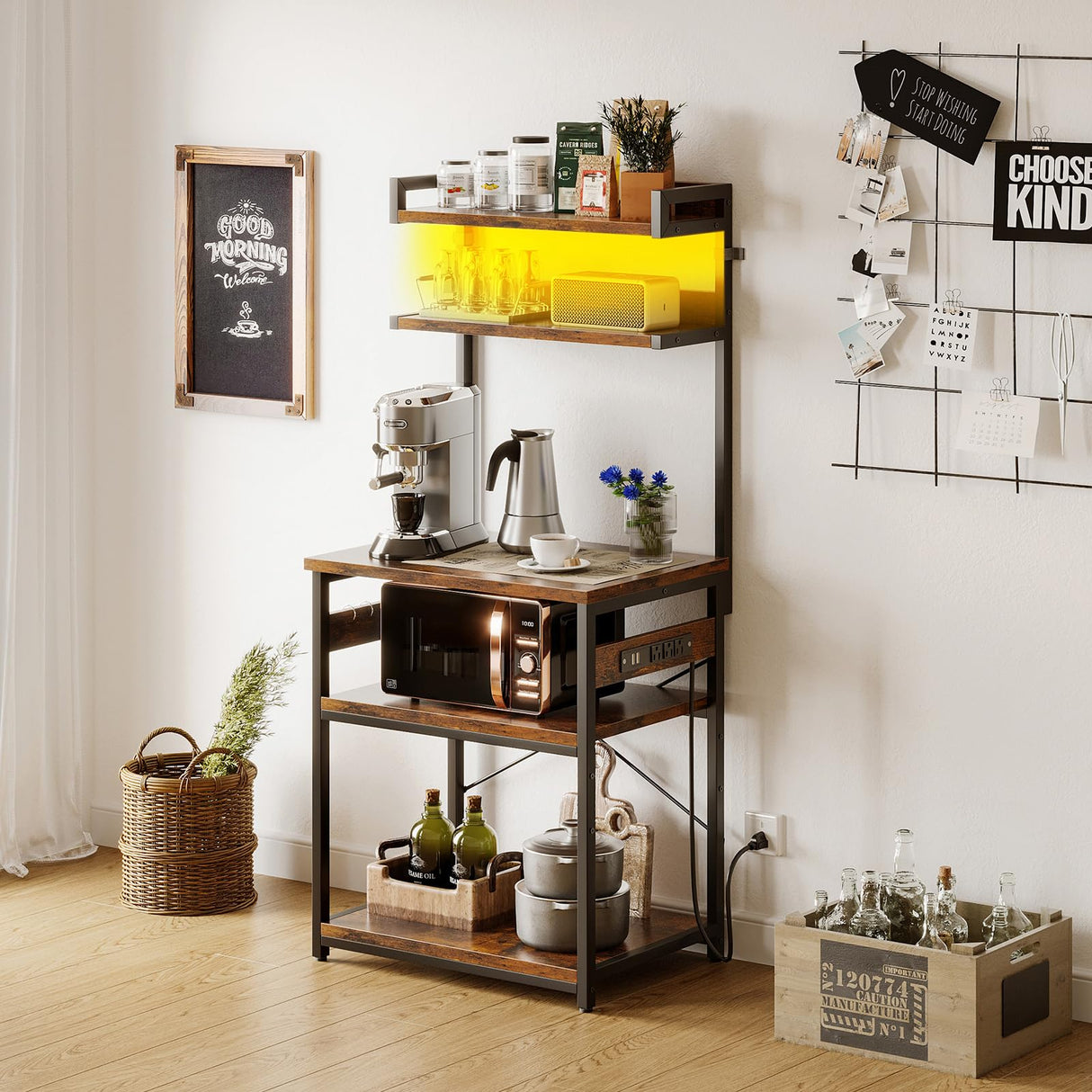 Casaottima Bakers Rack with Power Outlet & LED Lights, Coffee Bar with Storage 5-Tiers, Microwave Stand Kitchen Shelf 16.5 * 23.6 * 59 inches, Kitchen Coffee Rack, Rustic Brown Casaottima