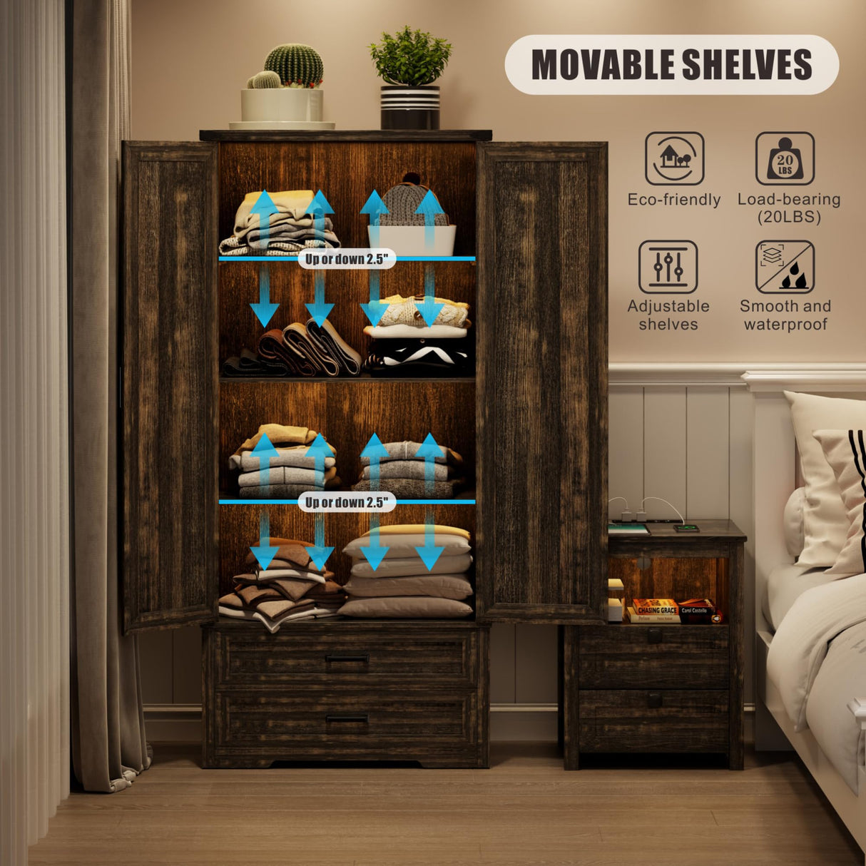 GlasFlength Pantry Adjustable Shelves Tall Farmhouse Storage Cabinet with 2 Drawers&Doors, 69" Rustic Wood Cupboard with LED Light, Brown GlasFlength