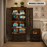 GlasFlength Pantry Adjustable Shelves Tall Farmhouse Storage Cabinet with 2 Drawers&Doors, 69" Rustic Wood Cupboard with LED Light, Brown GlasFlength