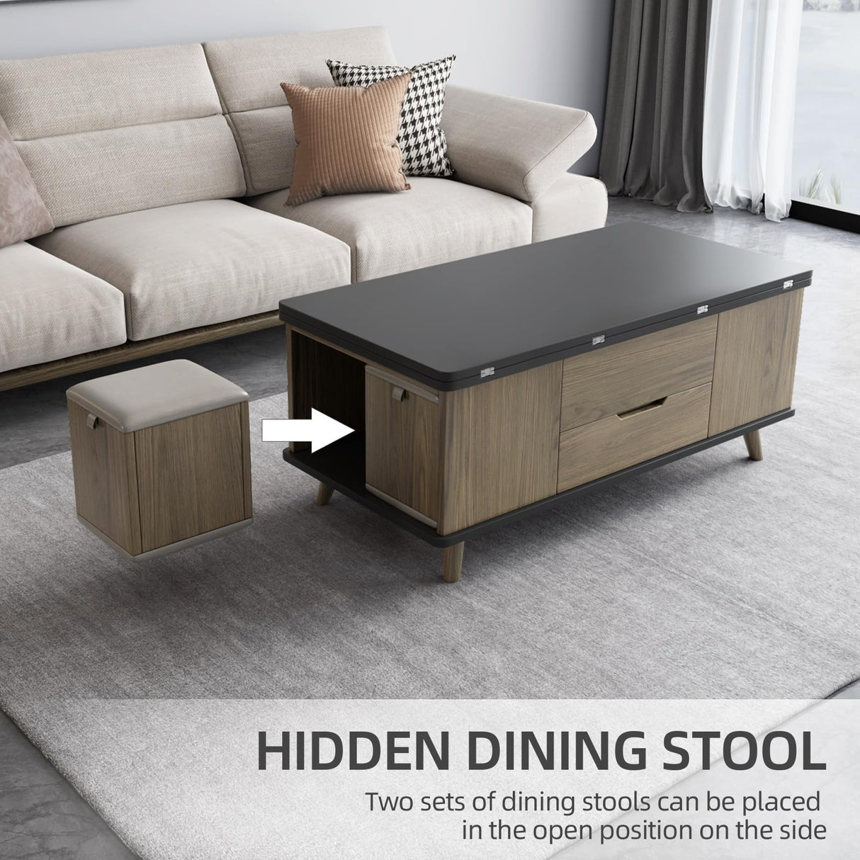 Guyii 38.97" Lift-Top Coffee Table with 4 Stools, 3-in-1 Multi-Functional Center Table, Expandable Dining Table for Living Room, Lift Tabletop Coffee Table with Hidden Storage Compartment, Grey Guyii