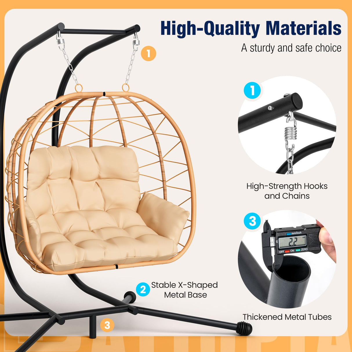 Pamapic 700 LBS Double Egg Chair Outdoor, UV Resistant Cushions Hanging Egg Chair with Armrests & Headrest, Thick Steel Frame Egg Swing Chair with Stand, for Relaxing & Reading Outside/Inside(Beige) Pamapic