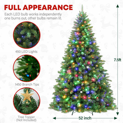 VIVATREES 7.5ft Prelit Christmas Tree with 450 Multicolor LED Lights, Artificial Christmas Tree with 1450 PVC Tips for Holiday, Easy Assembly with Metal Stand and Hinged Branches, 10 Colors