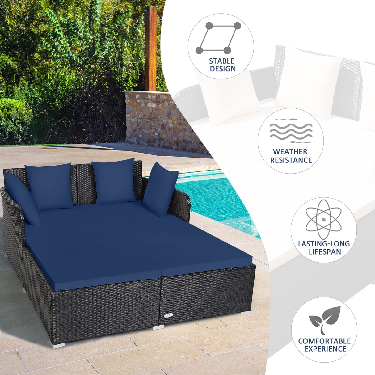 Tangkula Outdoor Rattan Daybed, Sunbed Wicker Furniture w/Spacious Seat, Upholstered Cushion & High-Resilience Sponge, Wicker Patio Sofa Set w/Extra Pillows for Courtyard Poolside (Navy) Tangkula