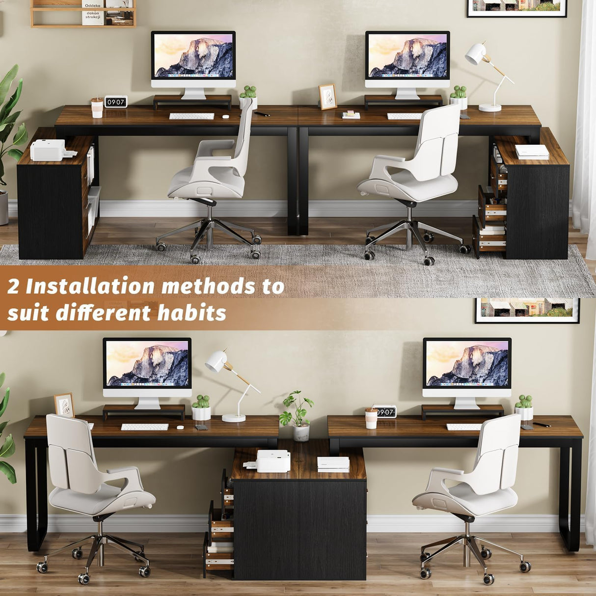 HOMBCK Home Office Computer Desk with 3 Drawers and Shelves, 55 Inch L Shaped Desk with Adjustable Shelves, Craft Table with Storage, Reversible L Shaped Desk, Modern Office Desk, Black Walnut HOMBCK