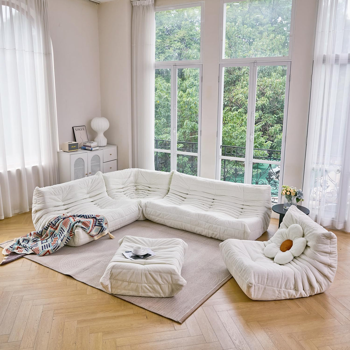 N&V Fireside Three Seater Sofa, Mid Century Armless Twin Size Floor Lounge Chair, Soft Premium Corduroy Floor Sofa, Accent Chair for Living Room, Bedroom (Brown Sugar) N&V