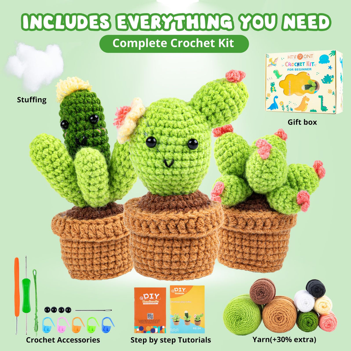 HTVRONT Crochet Kit for Beginners - Complete Crochet Kits with Stitch by Stitch Video Tutorial, Beginner Crochet Kit for Adults Kids Gift - Starter Easy Learn to Crochet Succulent Plants Family HTVRONT