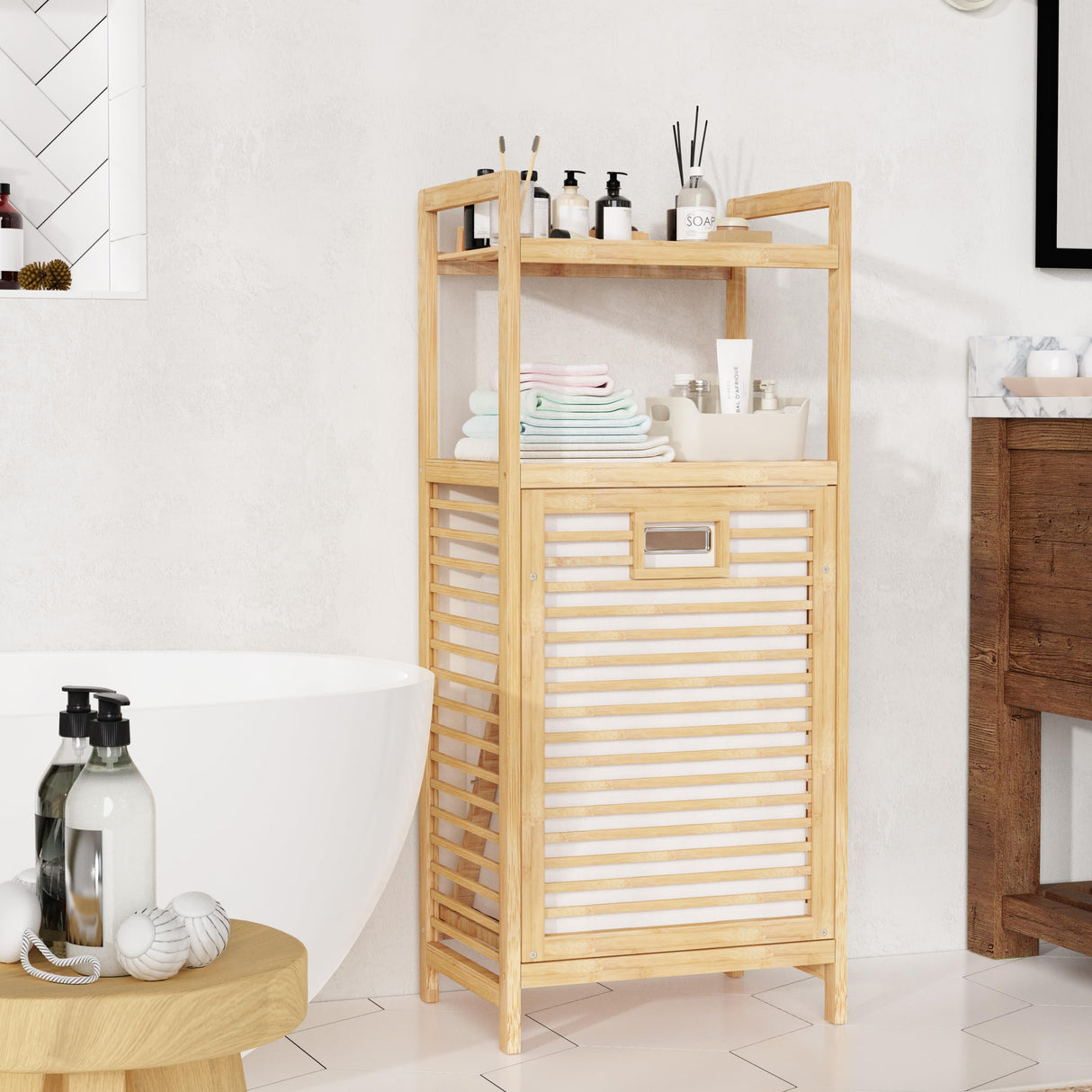 Lkeiyay Laundry Hamper Tilt-Out Laundry Linen Hamper Bamboo, 2 storage shelves and Removable Lining for Bedroom,Laundry Room,bathroom storage cabinet Lkeiyay