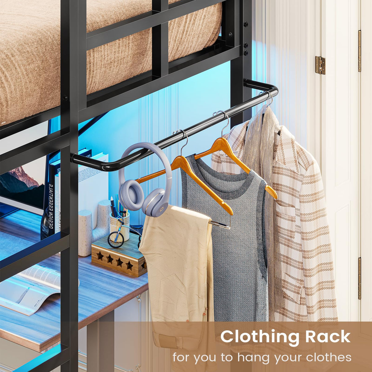 Hasuit Twin Loft Bed with LED Lights, Metal Loft Bed Twin Size with Full-Length Guardrail &Clothes Rack, Heavy Duty Metal Loft Bed Frame, Space-Saving, Noise Free, No Box Spring Needed, Black Hasuit