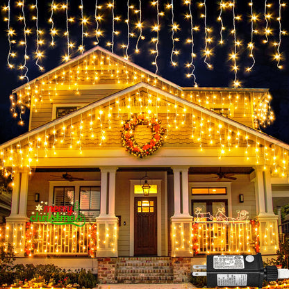 Warm White Christmas Lights Outdoor, 66ft 640 LED Icicle Lights for Outside House with Connectable Clear Wire 8 Modes Timer, Plug in Waterproof for Home Holiday Eaves Yard Party Room Indoor Decoration