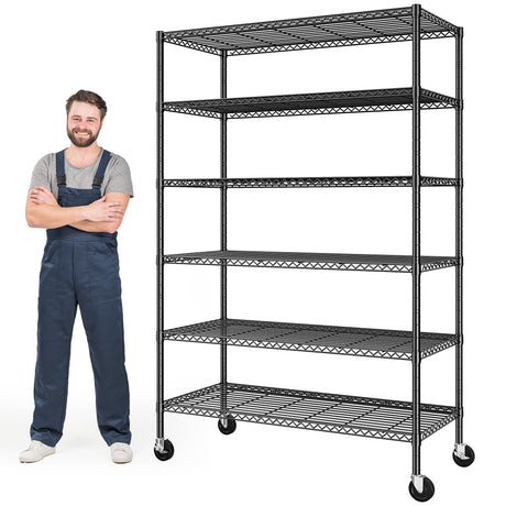 Romorgniz 82" H X45 W X18 D Storage Shelves with Wheels, 6 Tier Wire Shelving Adjustable Metal Shelving Pantry Shelves Capacity 1200LBS for Garage Shelving, Pantry, Kitchen, Closet, Commercial, Black Romorgniz
