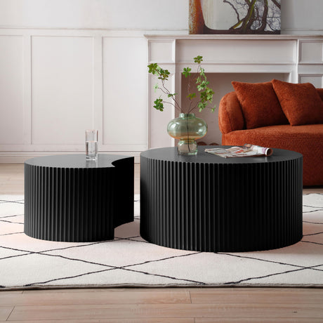 31.5" Round Wood Coffee Table Set of 2, Wood Circle Embossed Design Coffee Table Coffee Table ＆ End Table Side Table for Living Room,No Need Assembly (Black) JASONBLUE