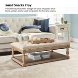 HULALA HOME Rectangle Ottoman Coffee Table with Tray, Tufted Living Room Ottoman with Solid Wood Storage Shelf, Linen HULALA HOME