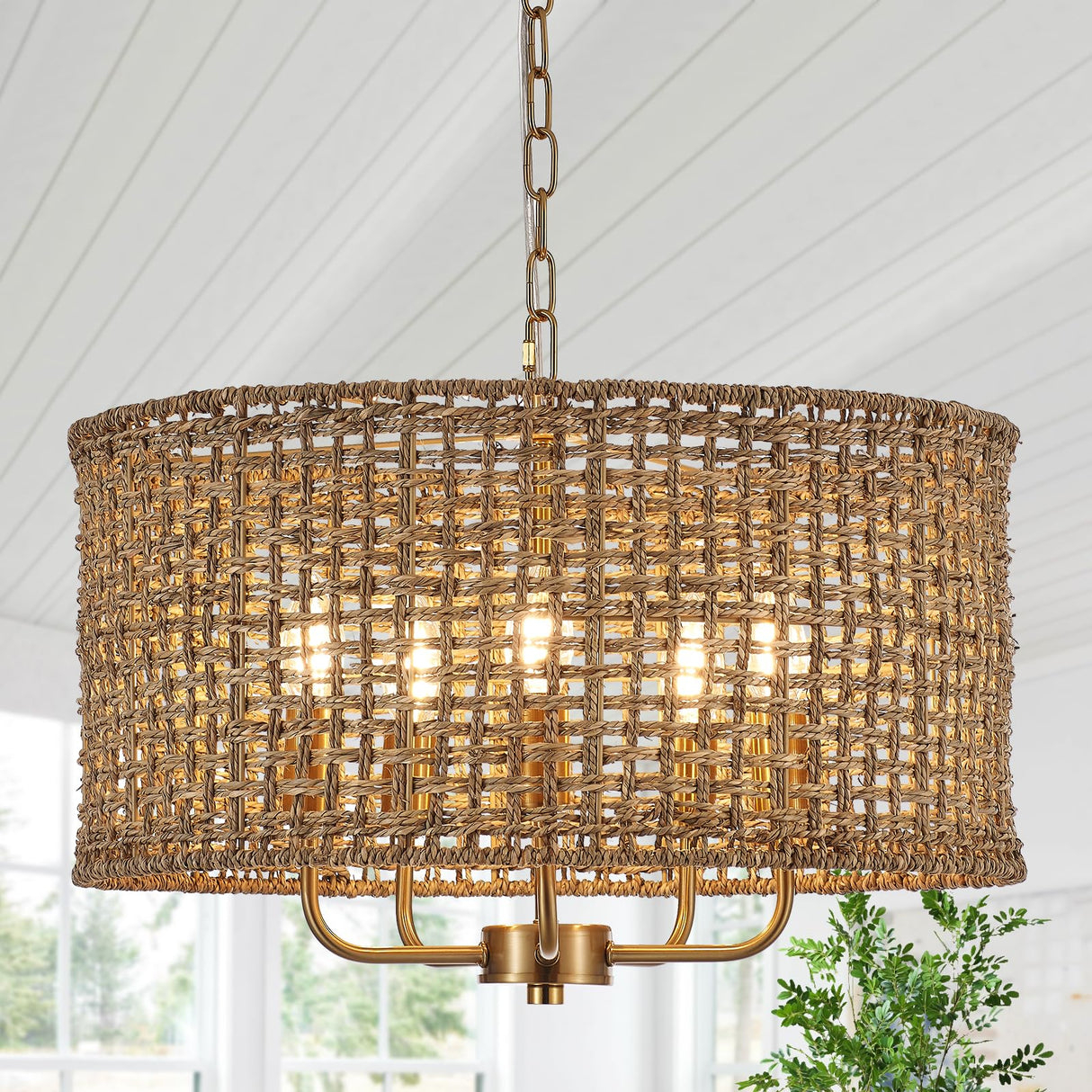 YOMECOO Hand-Woven Rattan Chandelier Vintage Farmhouse Boho Bamboo Light Fixture Mini Retro 5-Lights Drum Wicker Rattan Chandelier for Dining Room, Kitchen, Living Room YOMECOO