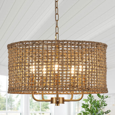 YOMECOO Hand-Woven Rattan Chandelier Vintage Farmhouse Boho Bamboo Light Fixture Mini Retro 5-Lights Drum Wicker Rattan Chandelier for Dining Room, Kitchen, Living Room YOMECOO