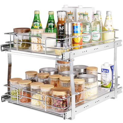 VEVOR 2 Tier 17"Wx21"Dx15"H Pull Out Cabinet Organizer, Heavy Duty Slide Out Pantry Shelves, Chrome-Plated Steel Roll Out Drawers, Sliding Drawer Storage, 18.5"Wx22"Dx18"H Install Size for Cabinet
