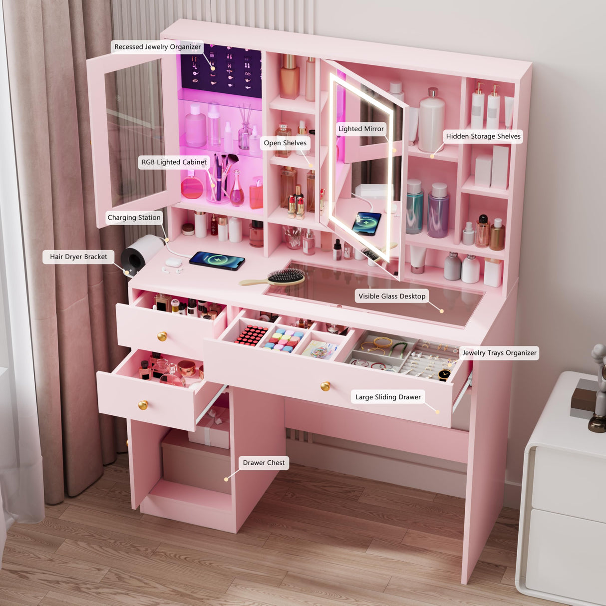 Wodeer Makeup Vanity Desk with Mirror and Lights,Vanity Table Set with Charging Station,Glass Tabletop and RGB Cabinets,Dressing Table with Jewellery Organizers Drawers for Bedroom,Pink Wodeer